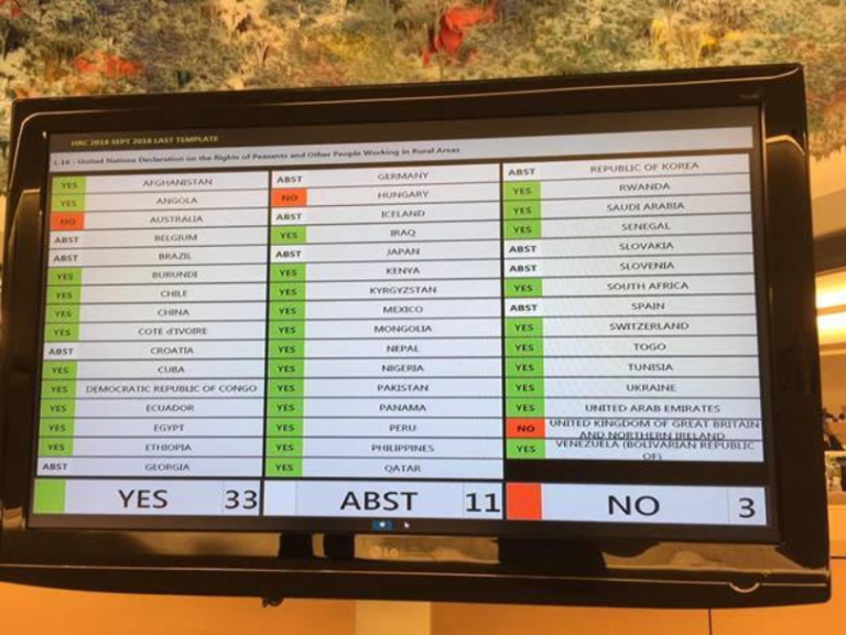UN Human Rights Council passes a resolution adopting the peasant rights declaration in Geneva